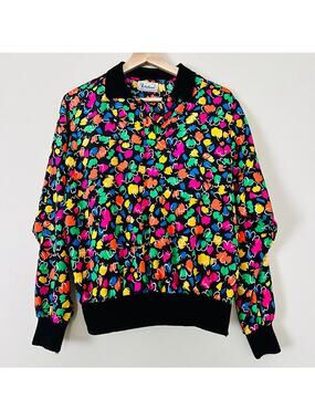 Notations Vintage Colorful Retro Floral Black Cuff Collar M Preppy Happy 80s 90s
